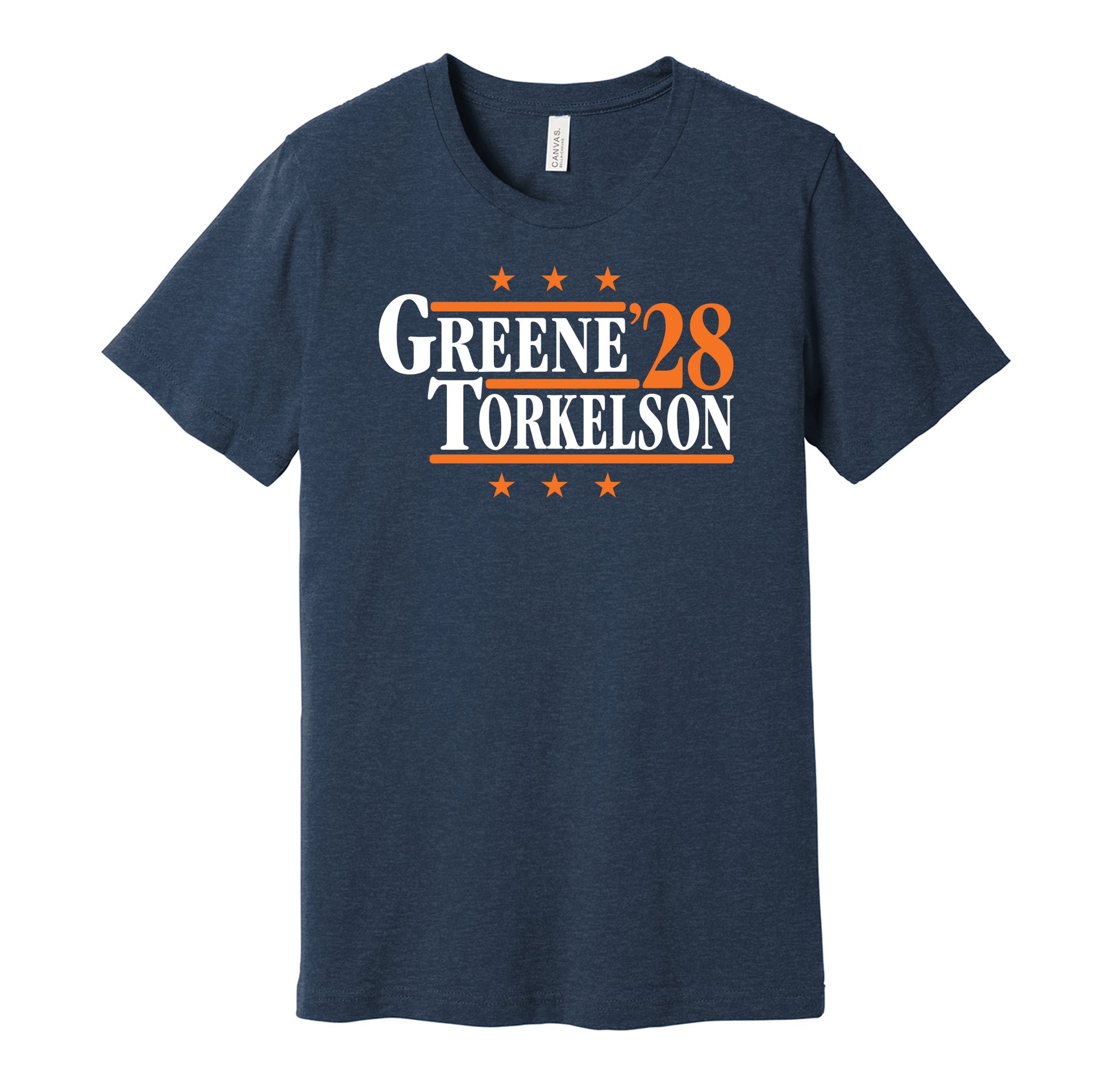 Detroit Tigers retro political campaign parody navy t-shirt featuring Riley Greene and Spencer Torkelson '28, designed in a vintage election style by Hyper Than Hype Shirts.