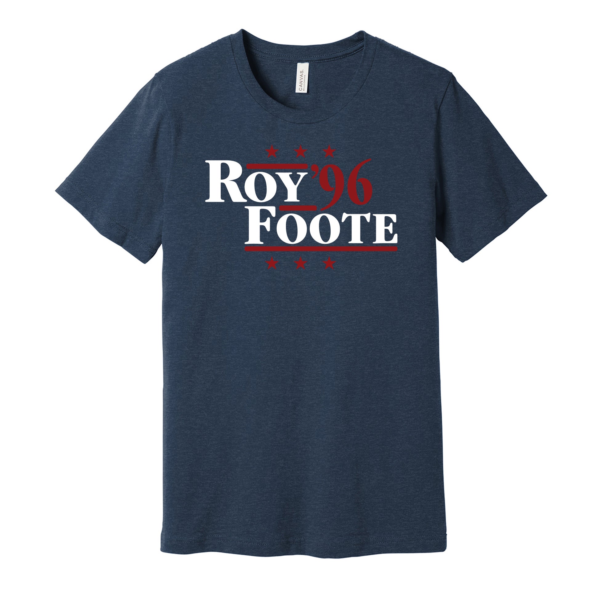 Colorado Avalanche retro political campaign parody navy t-shirt featuring Patrick Roy and Adam Foote '96, designed in a vintage election style by Hyper Than Hype Shirts.