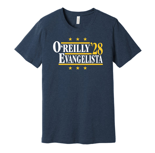 Nashville Predators retro political campaign parody navy t-shirt featuring Ryan O'Reilly and Luke Evangelista '28, designed in a vintage election style by Hyper Than Hype Shirts.