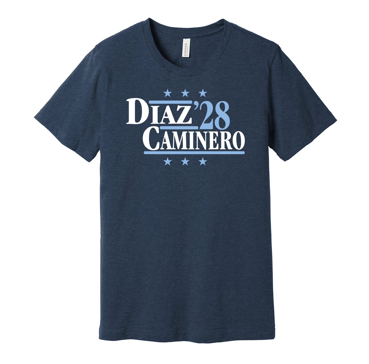 Tampa Bay Rays retro political campaign parody navy t-shirt featuring Yandy Diaz and Junior Caminero '28, designed in a vintage election style by Hyper Than Hype Shirts.
