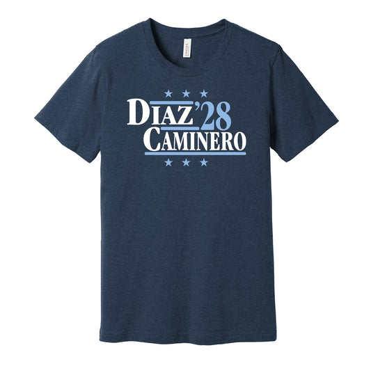 Tampa Bay Rays retro political campaign parody navy t-shirt featuring Yandy Diaz and Junior Caminero '28, designed in a vintage election style by Hyper Than Hype Shirts.