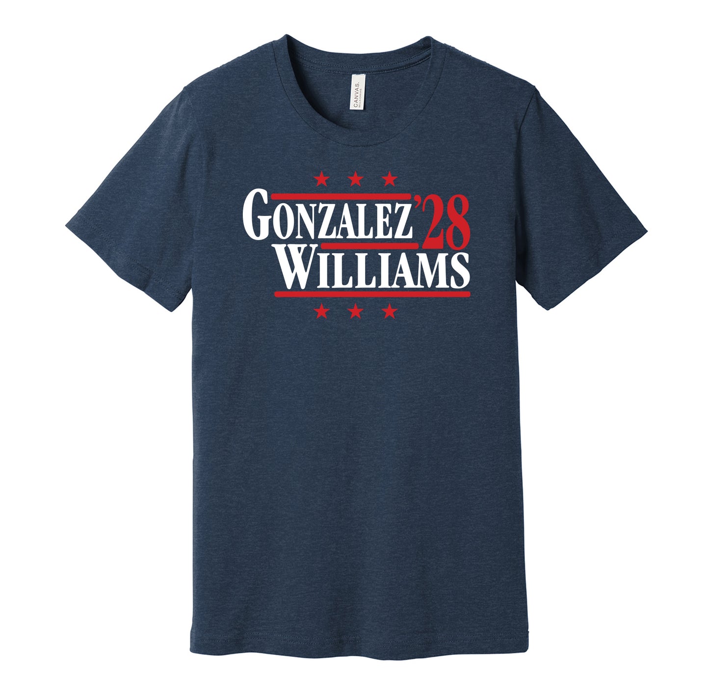 New England Patriots retro political campaign parody navy blue t-shirt featuring Christian Gonzalez and Milton Williams '28, designed in a vintage election style by Hyper Than Hype Shirts.