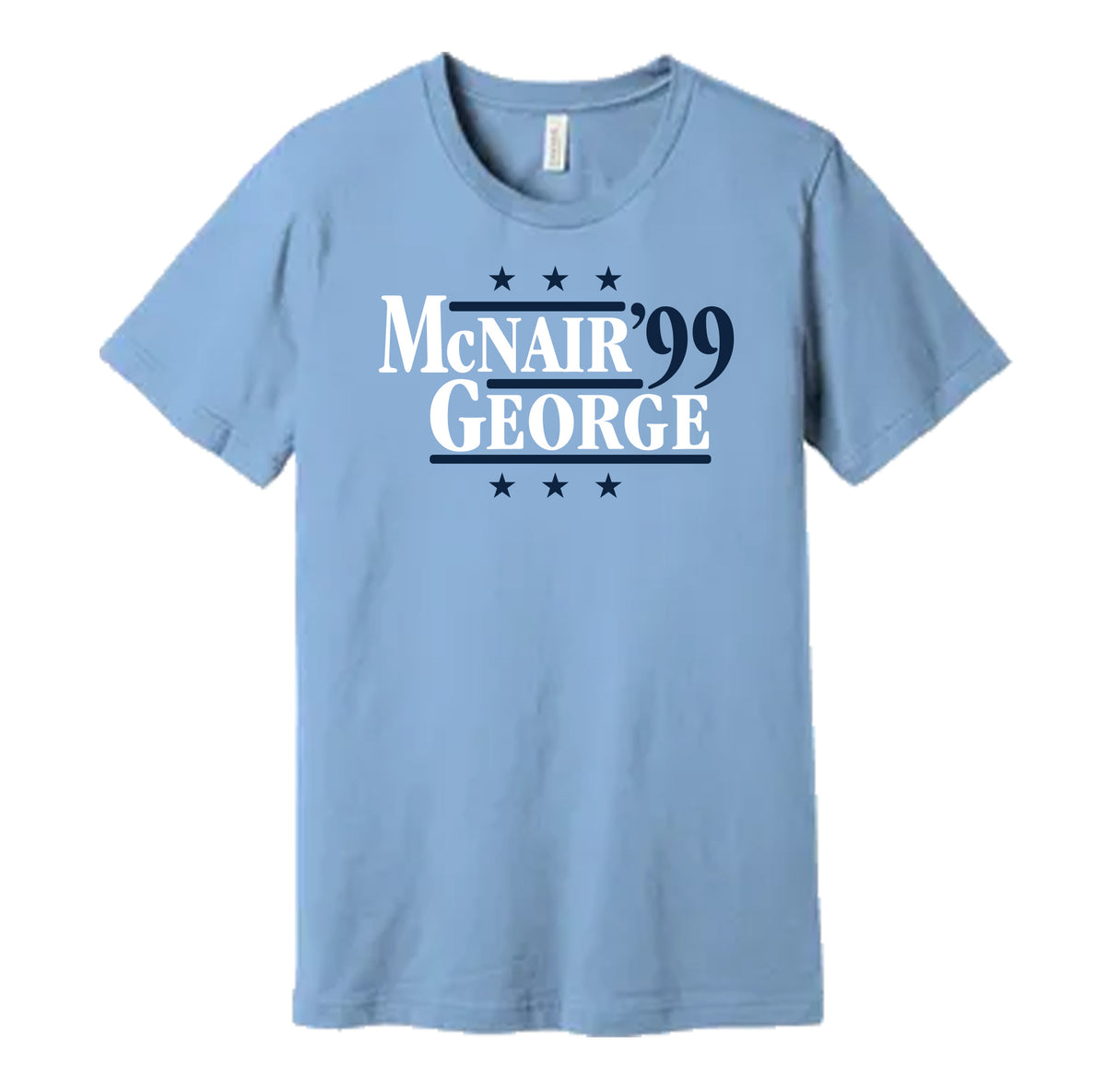 Tennessee Titans retro political campaign parody light blue t-shirt featuring Steve McNair and Eddie George '99, designed in a vintage election style by Hyper Than Hype Shirts.