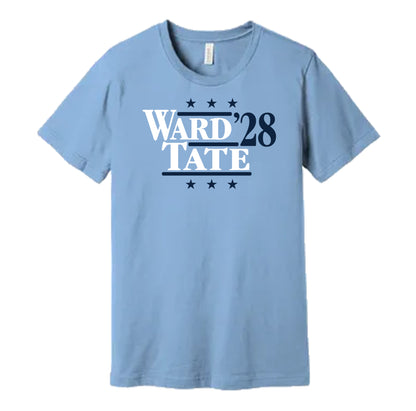 Tennessee Titans retro political campaign parody blue t-shirt featuring Cam Ward and Carnell Tate '28, designed in a vintage election style by Hyper Than Hype Shirts.