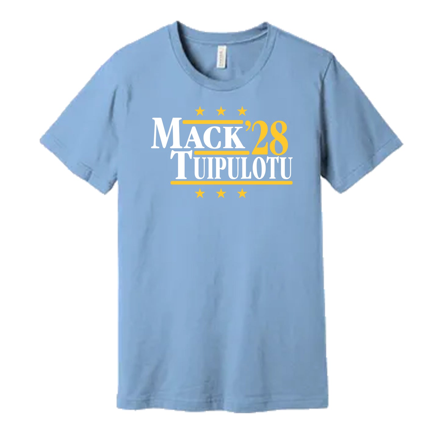 Los Angeles Chargers retro political campaign parody powder blue t-shirt featuring Khalil Mack and Tuli Tuipulotu '28, designed in a vintage election style by Hyper Than Hype Shirts.