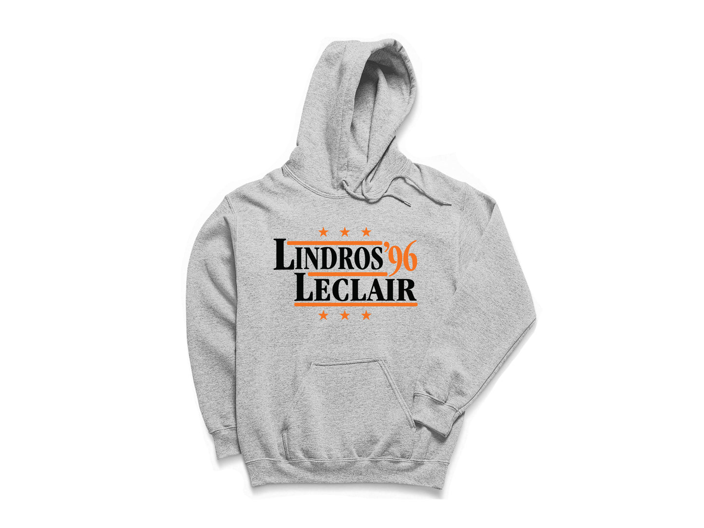 Philadelphia Flyers retro political campaign parody grey hoodie featuring Eric Lindros and John LeClair '96, designed in a vintage election style by Hyper Than Hype Shirts.