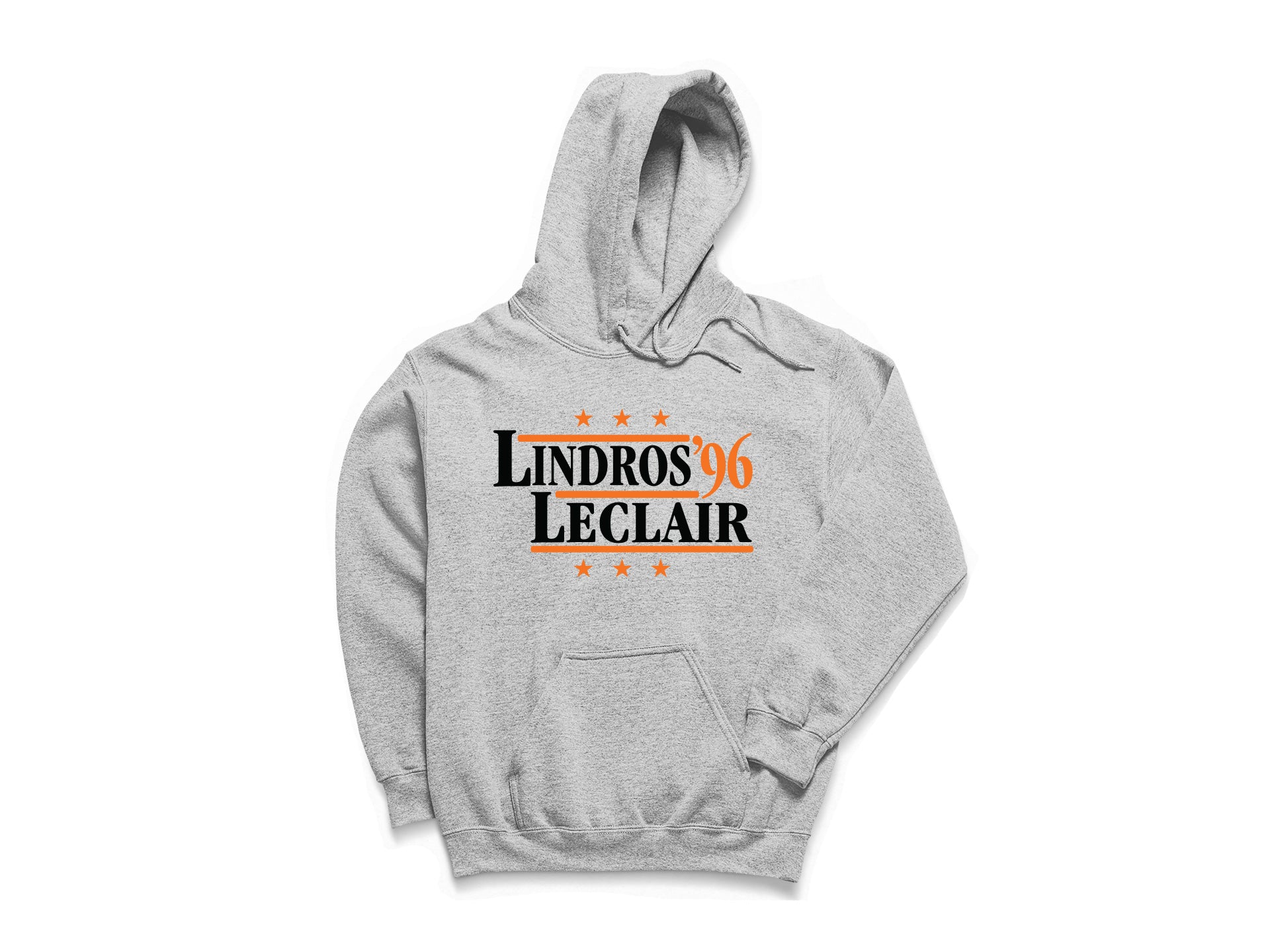 Philadelphia Flyers retro political campaign parody grey hoodie featuring Eric Lindros and John LeClair '96, designed in a vintage election style by Hyper Than Hype Shirts.