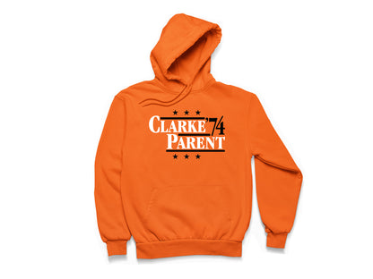 Philadelphia Flyers retro political campaign parody orange hoodie featuring Bobby Clarke and Bernie Parent '74, designed in a vintage election style by Hyper Than Hype Shirts.