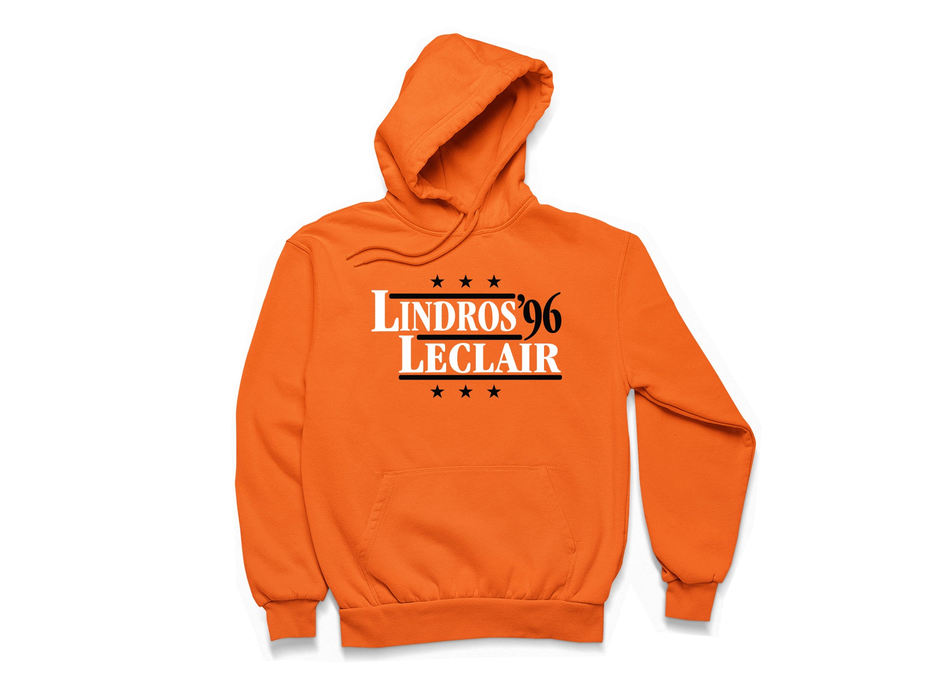 Philadelphia Flyers retro political campaign parody orange hoodie featuring Eric Lindros and John LeClair '96, designed in a vintage election style by Hyper Than Hype Shirts.