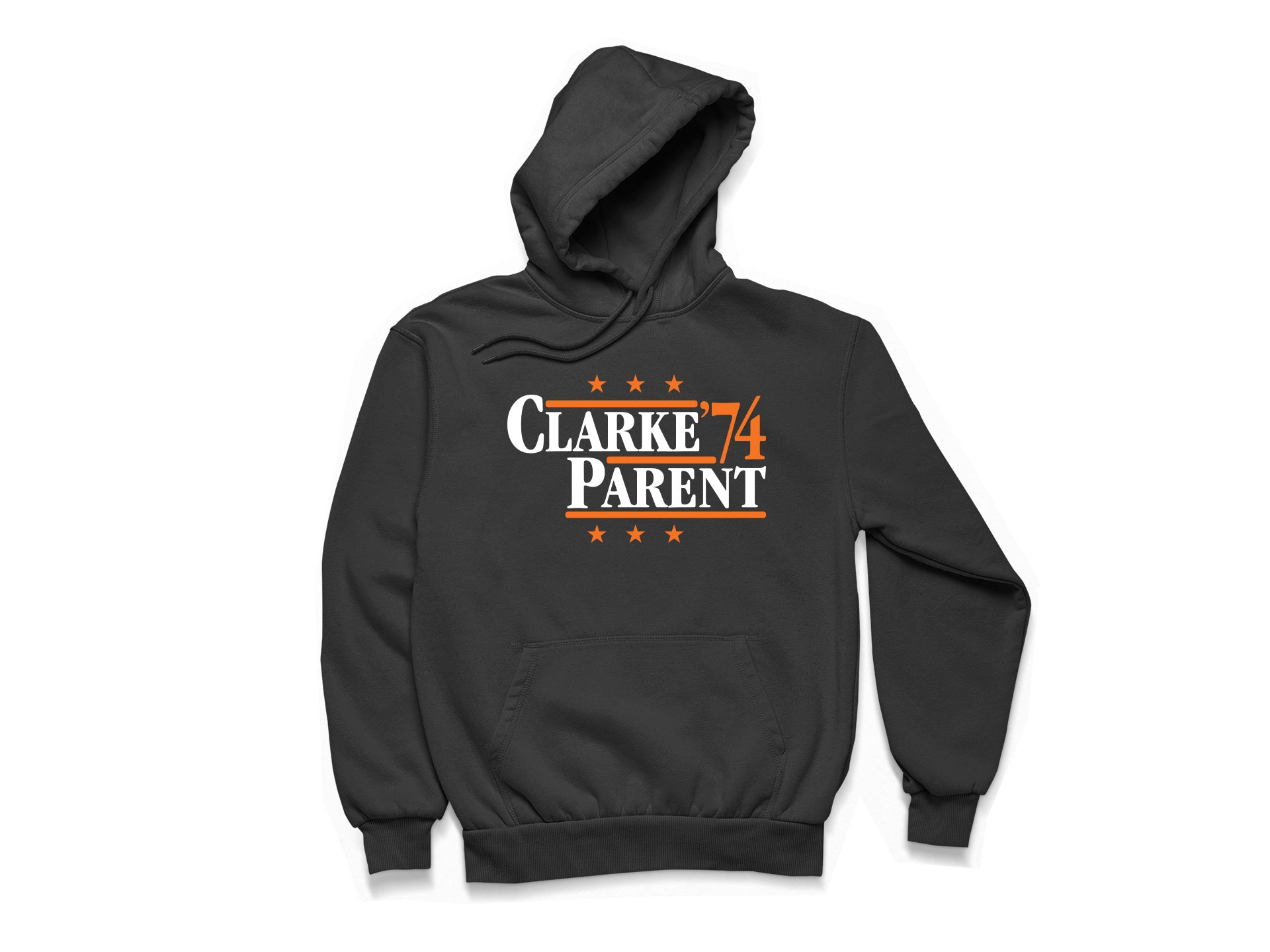 Philadelphia Flyers retro political campaign parody black hoodie featuring Bobby Clarke and Bernie Parent '74, designed in a vintage election style by Hyper Than Hype Shirts.