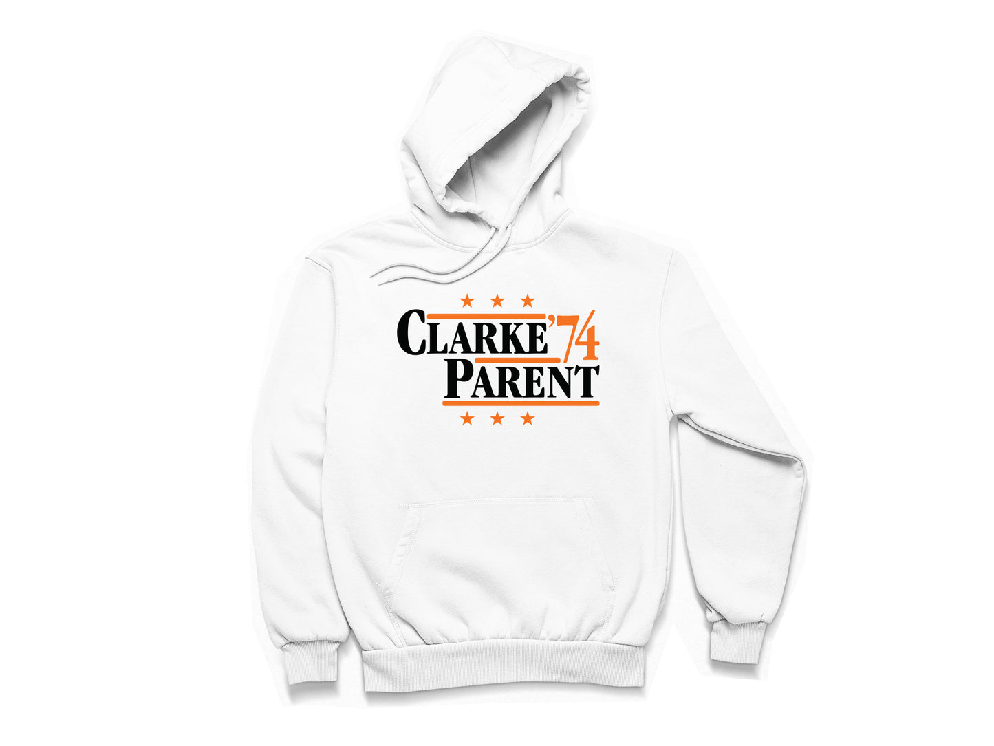 Philadelphia Flyers retro political campaign parody white hoodie featuring Bobby Clarke and Bernie Parent '74, designed in a vintage election style by Hyper Than Hype Shirts.