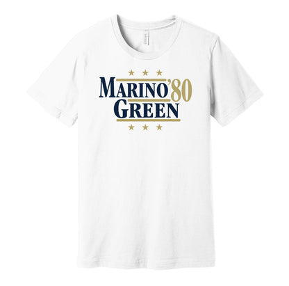 Pittsburgh Panthers retro political campaign parody white t-shirt featuring Dan Marino and Hugh Green '80, designed in a vintage election style by Hyper Than Hype Shirts.