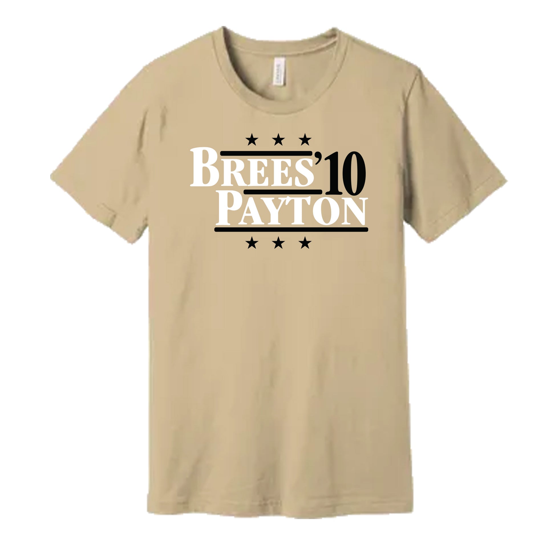 New Orleans Saints retro political campaign parody cream tan gold t-shirt featuring Drew Brees and Sean Payton '10, designed in a vintage election style by Hyper Than Hype Shirts.