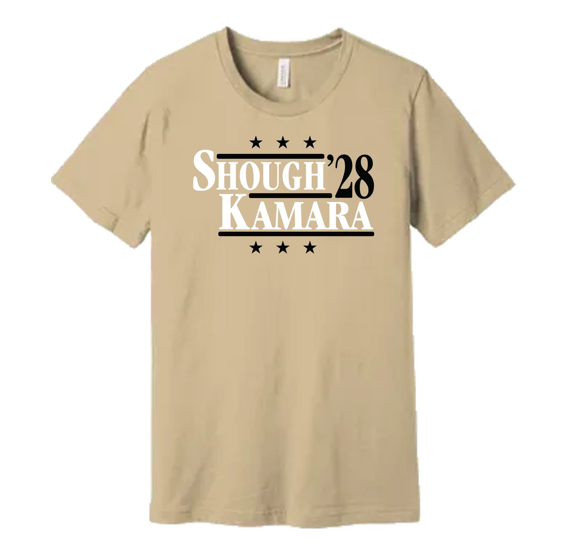 New Orleans Saints retro political campaign parody cream tan t-shirt featuring Tyler Shough and Alvin Kamara '28, designed in a vintage election style by Hyper Than Hype Shirts.