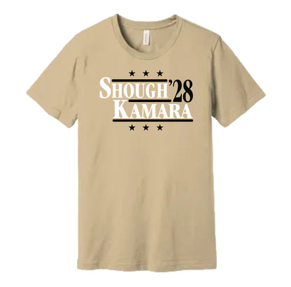 New Orleans Saints retro political campaign parody cream tan t-shirt featuring Tyler Shough and Alvin Kamara '28, designed in a vintage election style by Hyper Than Hype Shirts.