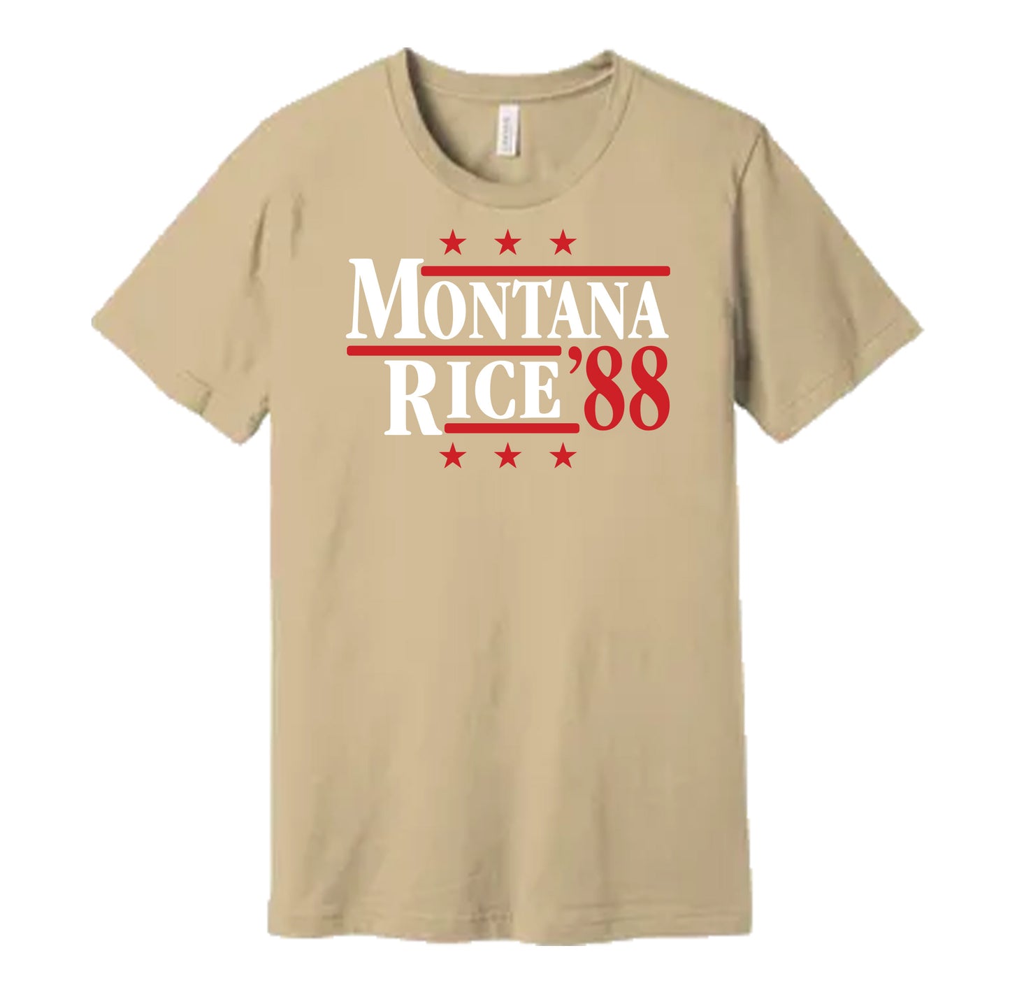 San Francisco 49ers retro political campaign parody cream t-shirt featuring Joe Montana and Jerry Rice '88, designed in a vintage election style by Hyper Than Hype Shirts.