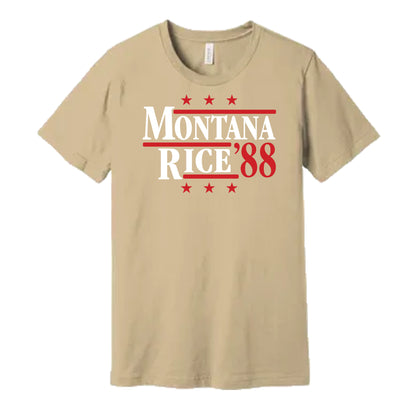 San Francisco 49ers retro political campaign parody cream t-shirt featuring Joe Montana and Jerry Rice '88, designed in a vintage election style by Hyper Than Hype Shirts.