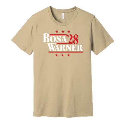 San Francisco 49ers retro political campaign parody cream t-shirt featuring Nick Bosa and Fred Warner '28, designed in a vintage election style by Hyper Than Hype Shirts.