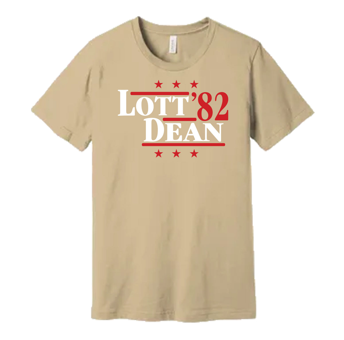 San Francisco 49ers retro political campaign parody cream t-shirt featuring Ronnie Lott and Fred Dean '82, designed in a vintage election style by Hyper Than Hype Shirts.