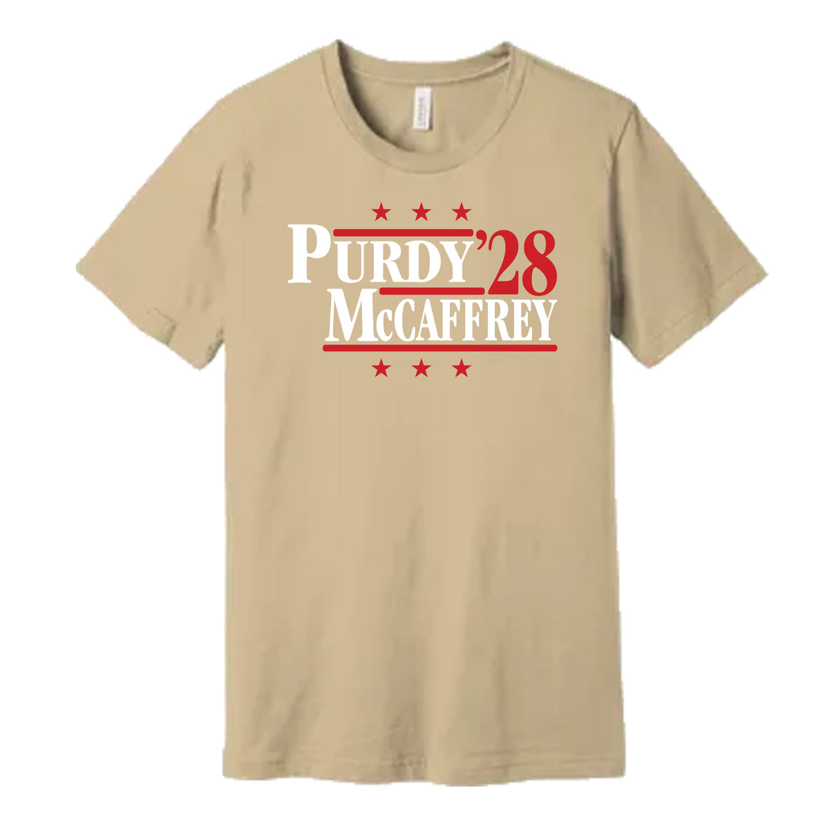 San Francisco 49ers retro political campaign parody cream t-shirt featuring Brock Purdy and George Kittle '28, designed in a vintage election style by Hyper Than Hype Shirts.