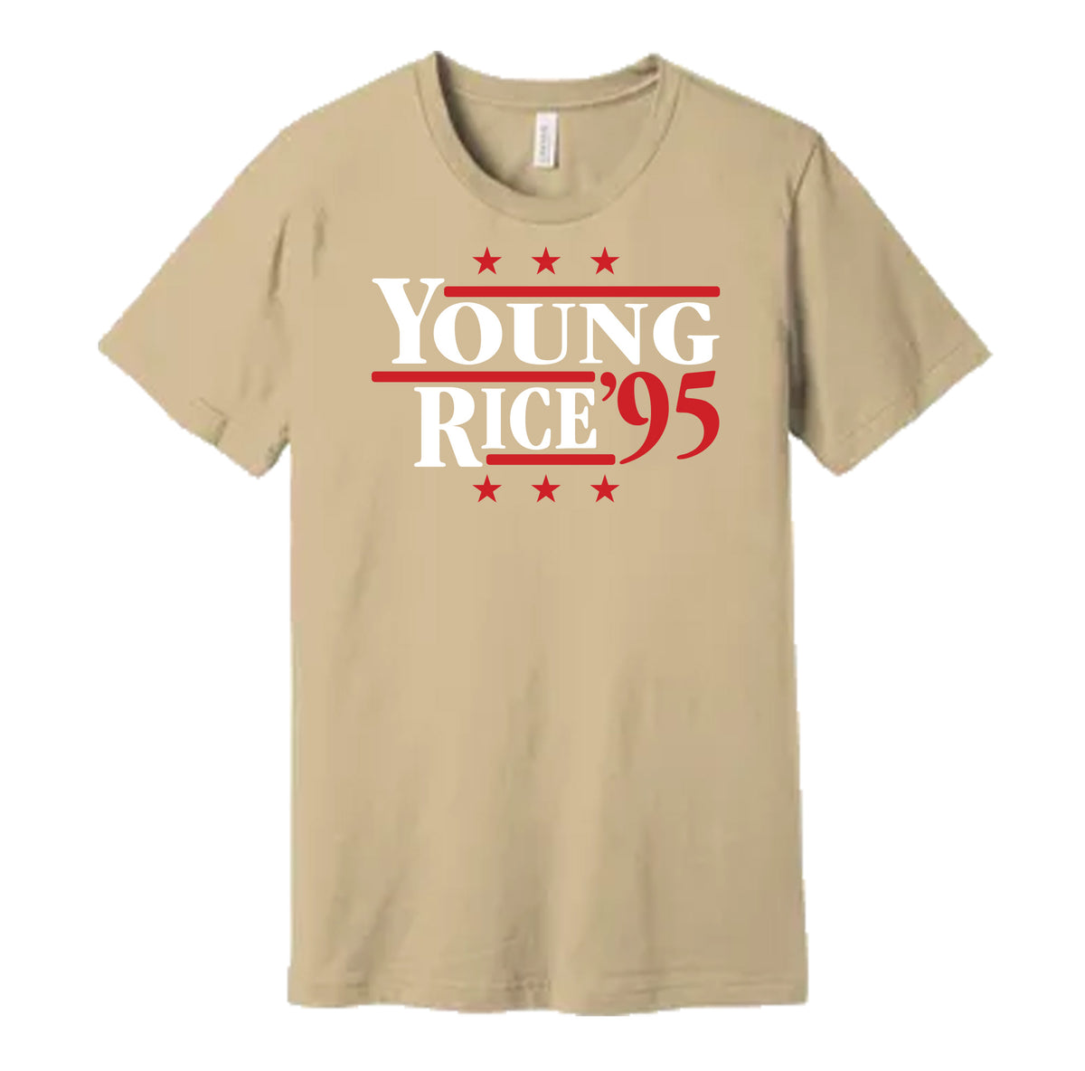 San Francisco 49ers retro political campaign parody cream t-shirt featuring Steve Young and Jerry Rice '95, designed in a vintage election style by Hyper Than Hype Shirts.