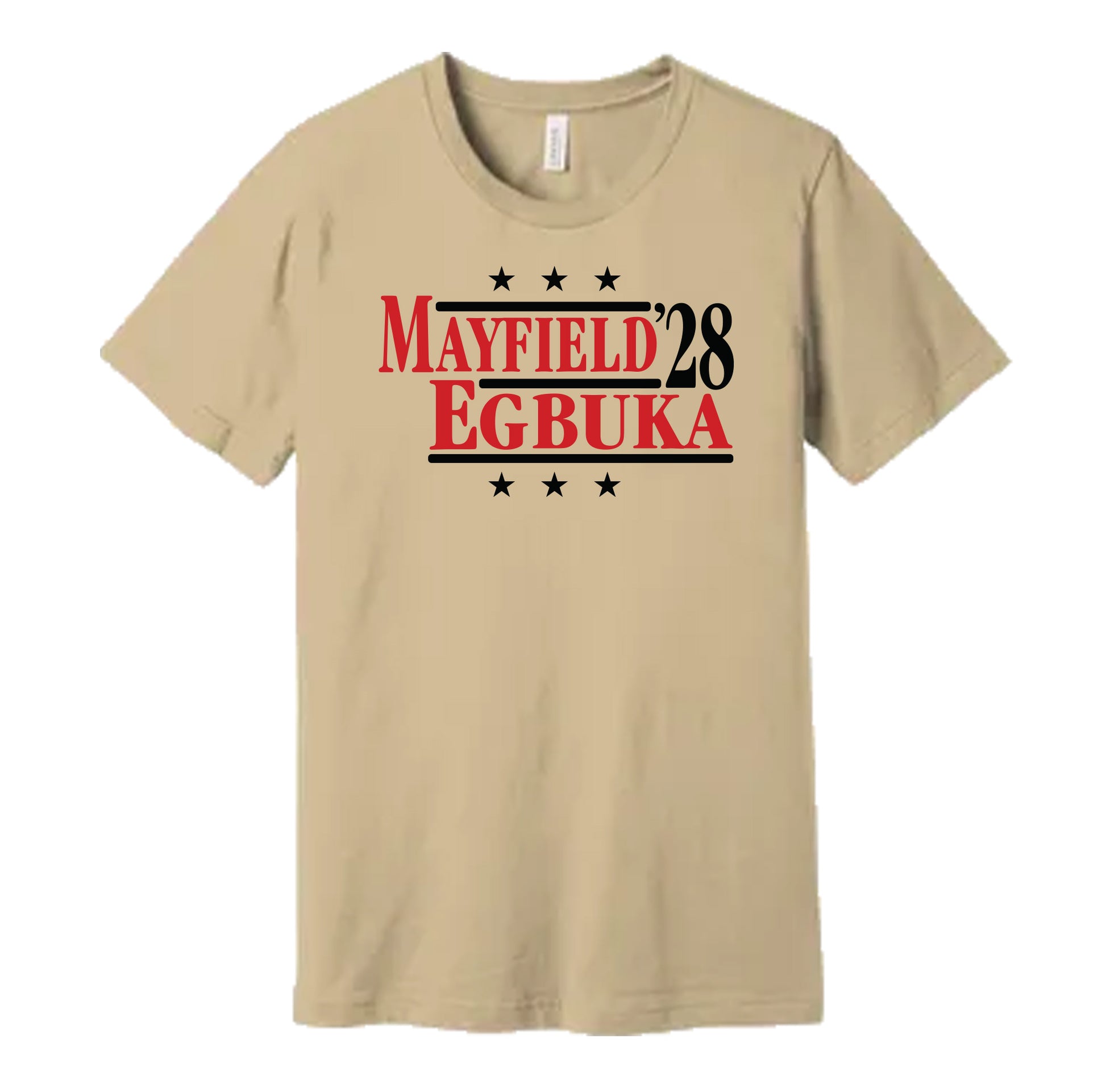 Tampa Bay Buccaneers retro political campaign parody pewter t-shirt featuring Baker Mayfield and Emeka Egbuka '28, designed in a vintage election style by Hyper Than Hype Shirts.
