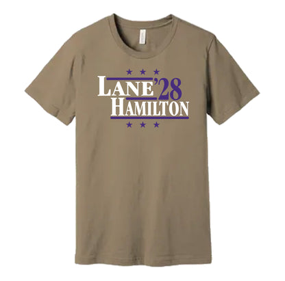 Baltimore Ravens retro political campaign parody tan t-shirt featuring Ja'Kobi Lane and Kyle Hamilton '28, designed in a vintage election style by Hyper Than Hype Shirts.