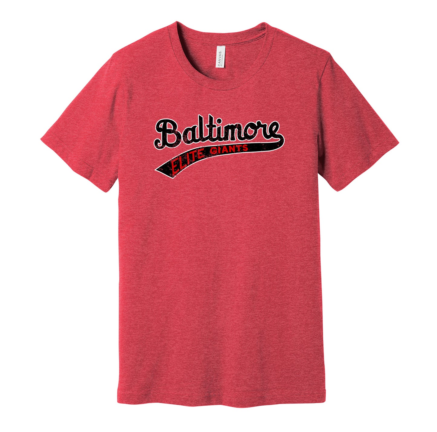 Baltimore Elite Giants vintage distressed logo red t-shirt featuring the classic Negro League baseball team logo in a retro worn style by Hyper Than Hype Shirts.
