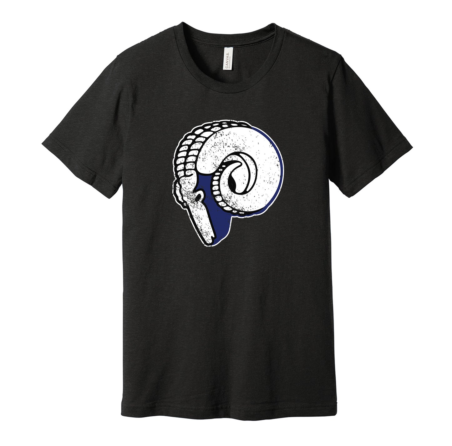 Cleveland Rams vintage distressed logo black t-shirt featuring the classic 1940s NFL football team logo in a retro worn style by Hyper Than Hype Shirts.