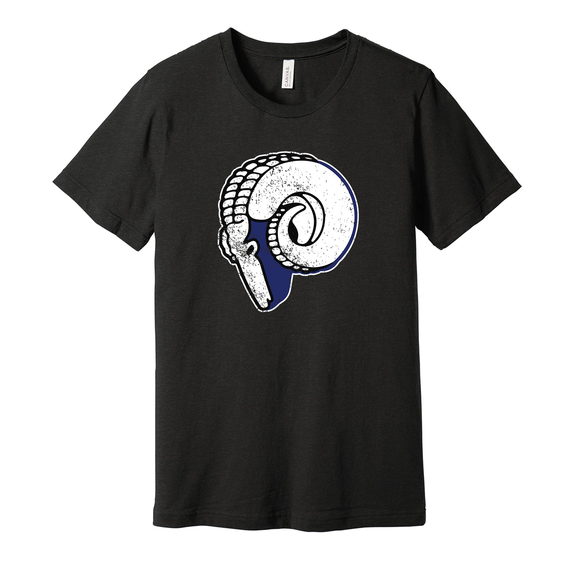 Cleveland Rams vintage distressed logo black t-shirt featuring the classic 1940s NFL football team logo in a retro worn style by Hyper Than Hype Shirts.
