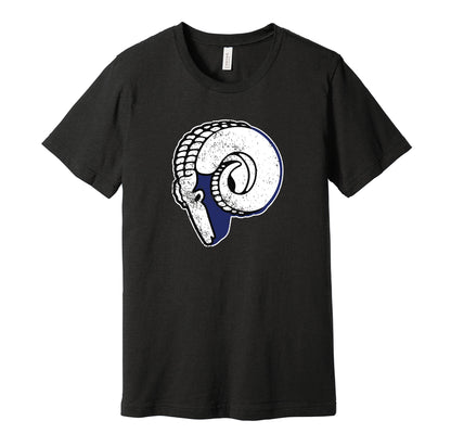 Cleveland Rams vintage distressed logo black t-shirt featuring the classic 1940s NFL football team logo in a retro worn style by Hyper Than Hype Shirts.