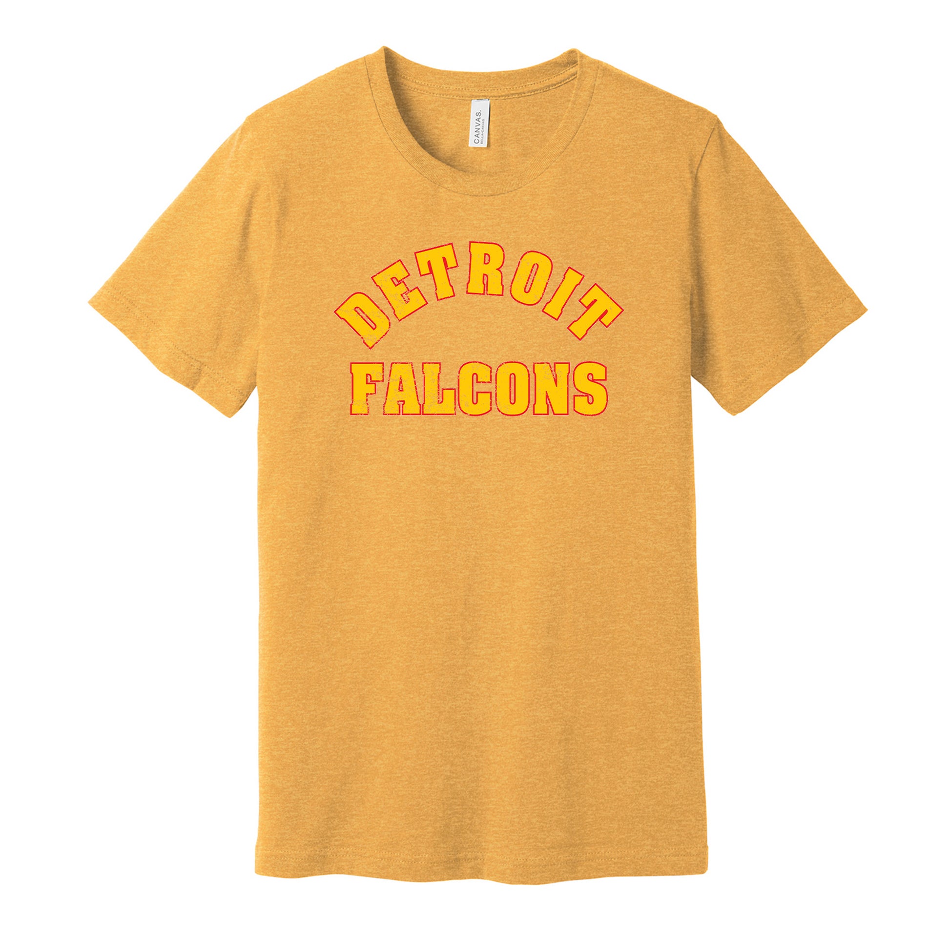 Detroit Falcons vintage distressed logo gold t-shirt featuring the classic 1930s NHL hockey team logo in a retro worn style by Hyper Than Hype Shirts.