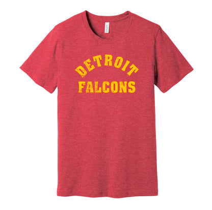 Detroit Falcons vintage distressed logo red t-shirt featuring the classic 1930s NHL hockey team logo in a retro worn style by Hyper Than Hype Shirts.