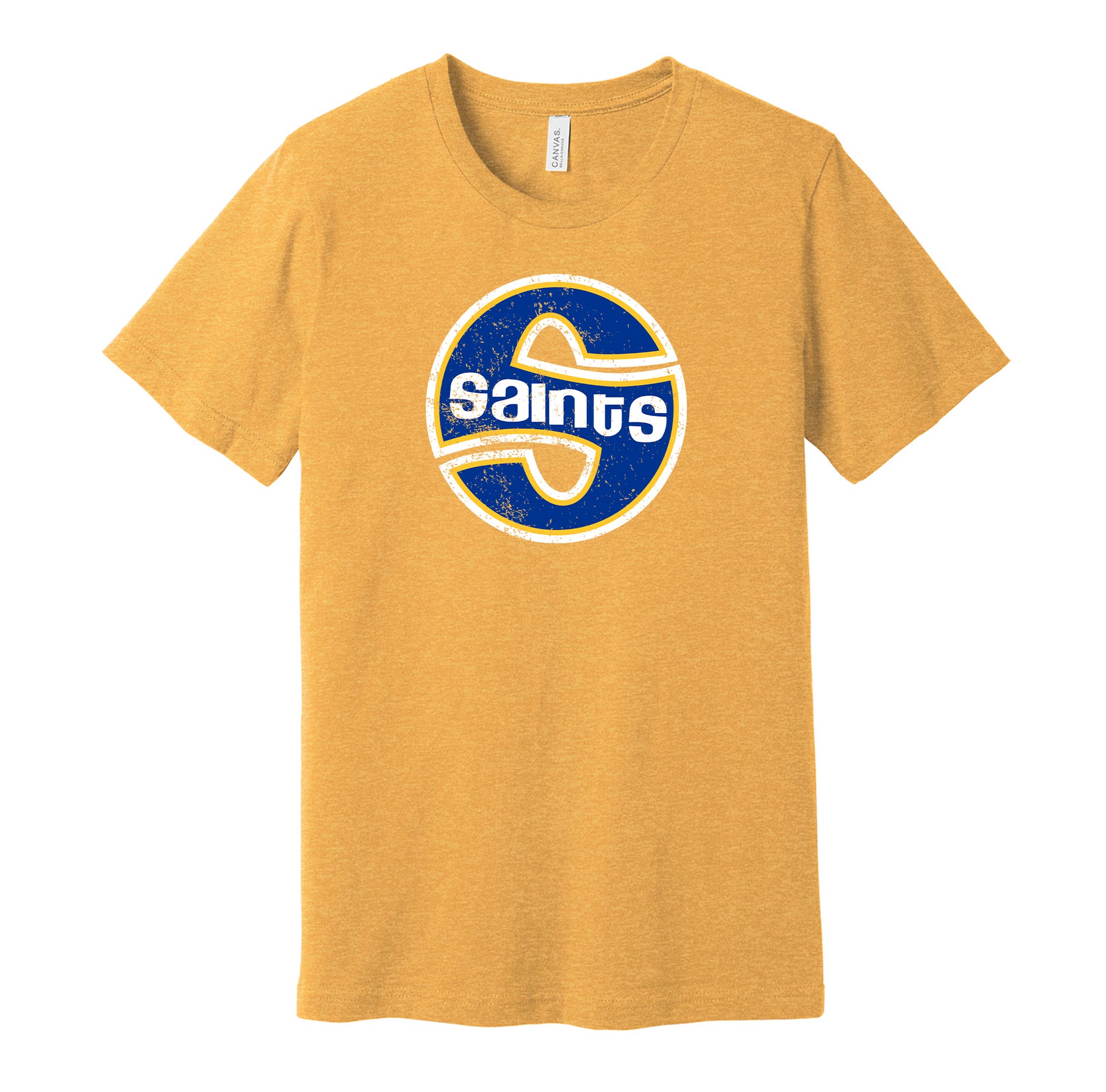 Minnesota Fighting Saints vintage distressed shield logo gold t-shirt featuring the classic 1970s WHA hockey team logo in a retro worn style by Hyper Than Hype Shirts.