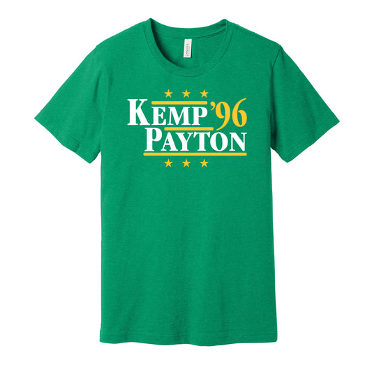 Seattle SuperSonics retro political campaign parody green t-shirt featuring Shawn Kemp and Gary Payton '96, designed in a vintage election style by Hyper Than Hype Shirts.