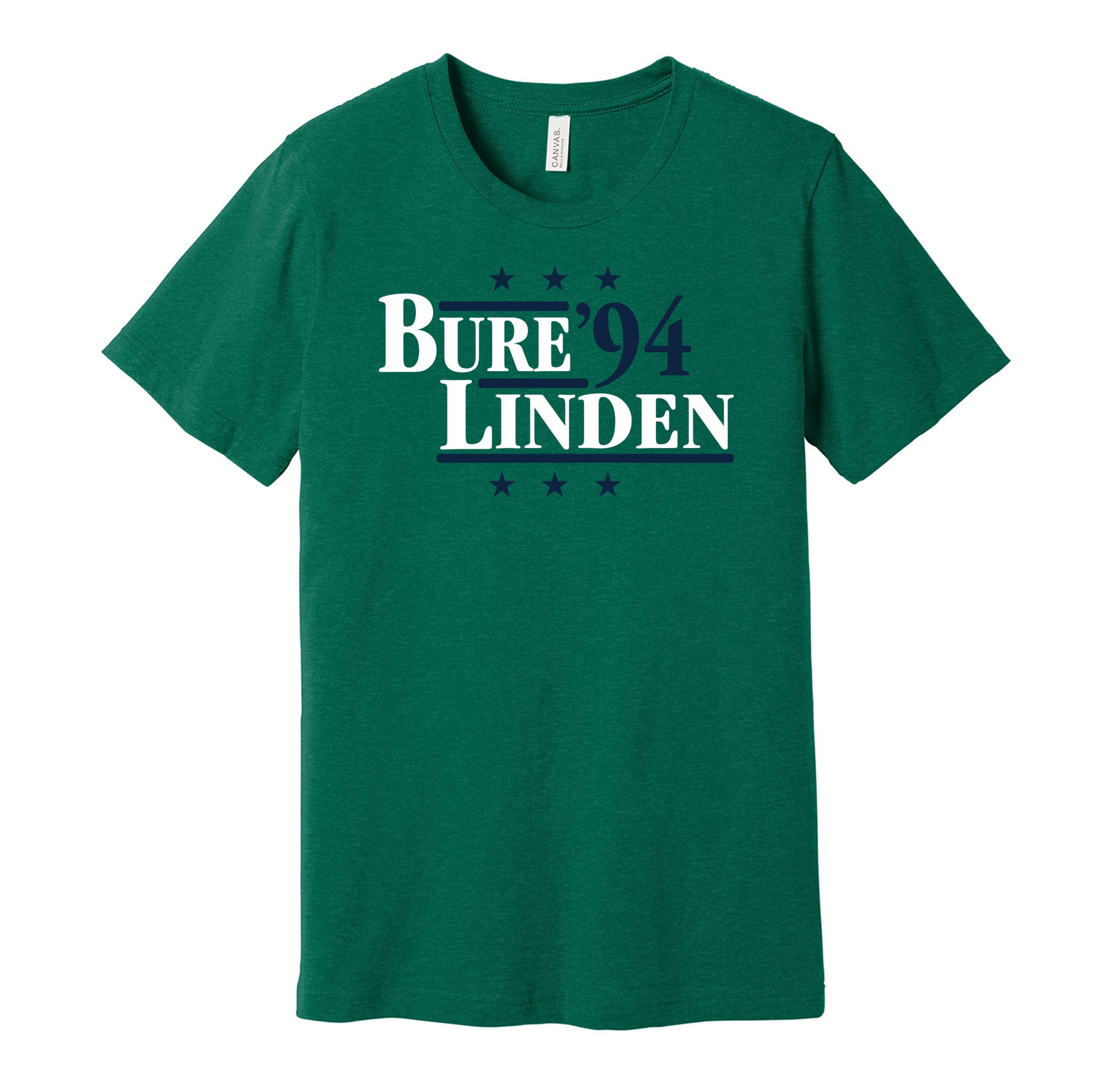 Vancouver Canucks retro political campaign parody green t-shirt featuring Pavel Bure and Trevor Linden '94, designed in a vintage election style by Hyper Than Hype Shirts.