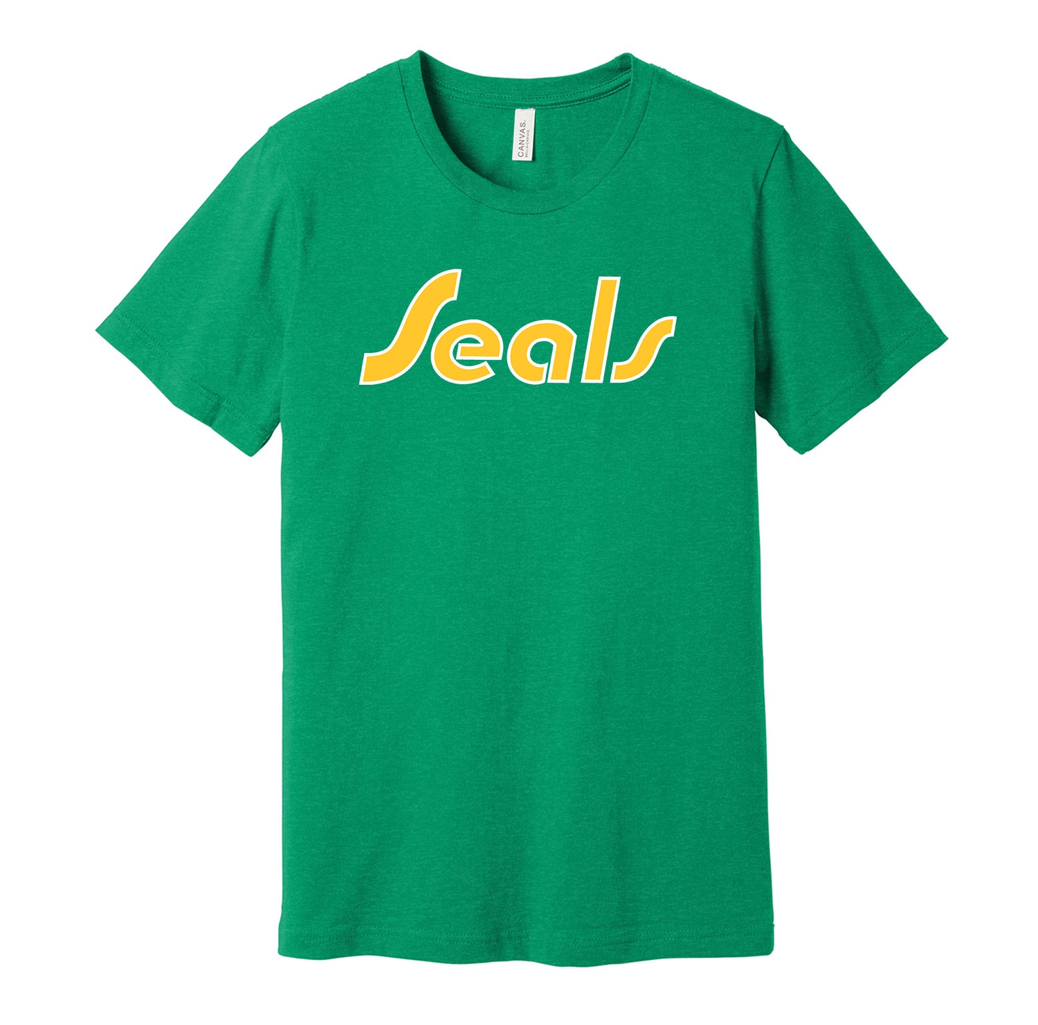 California Golden Seals vintage distressed logo green t-shirt featuring the classic hockey team text logo in a retro worn style by Hyper Than Hype Shirts.