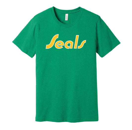 California Golden Seals vintage distressed logo green t-shirt featuring the classic hockey team text logo in a retro worn style by Hyper Than Hype Shirts.