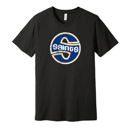 Minnesota Fighting Saints vintage distressed shield logo black t-shirt featuring the classic 1970s WHA hockey team logo in a retro worn style by Hyper Than Hype Shirts.