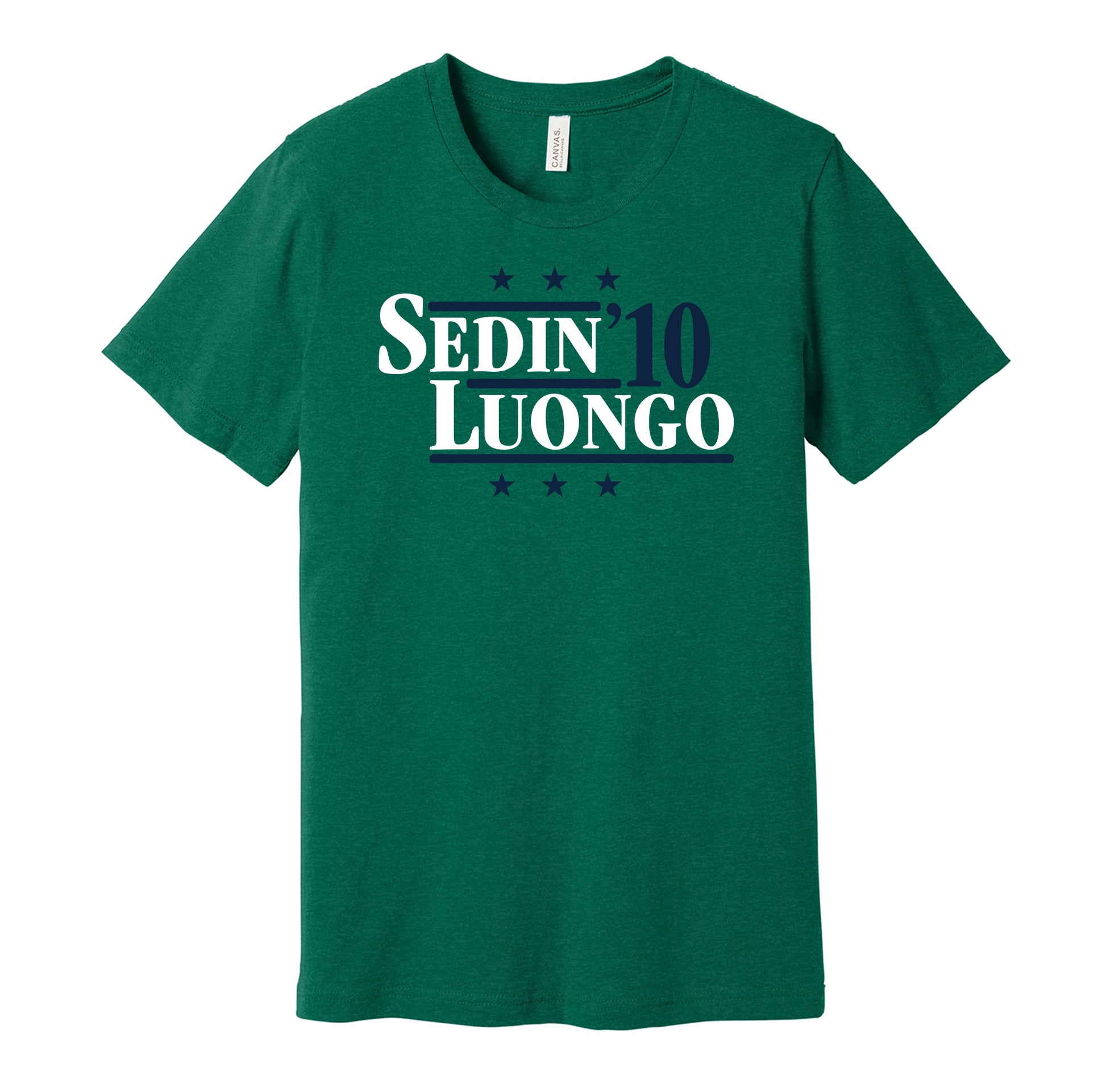 Vancouver Canucks retro political campaign parody green t-shirt featuring Henrik Sedin and Roberto Luongo '10, designed in a vintage election style by Hyper Than Hype Shirts.