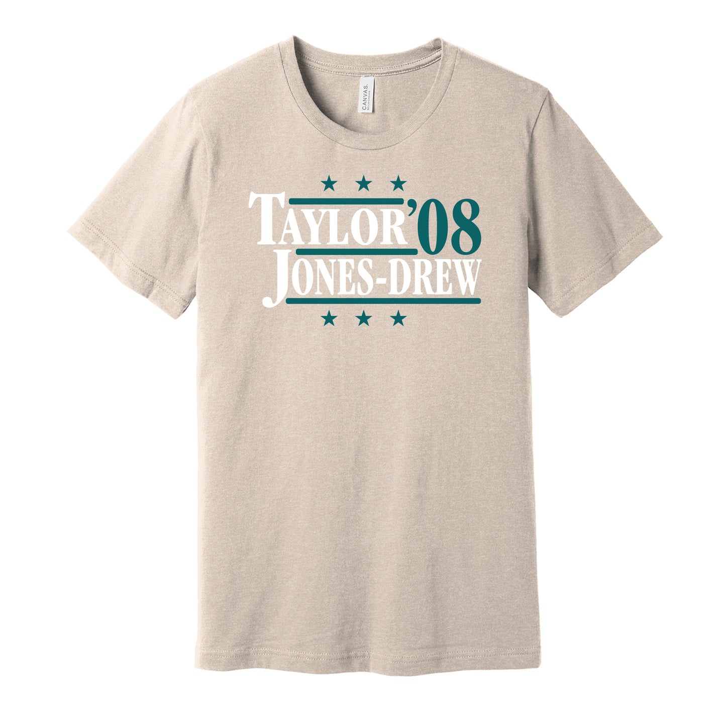 Jacksonville Jaguars retro political campaign parody tan t-shirt featuring Fred Taylor and Maurice Jones-Drew '08, designed in a vintage election style by Hyper Than Hype Shirts.