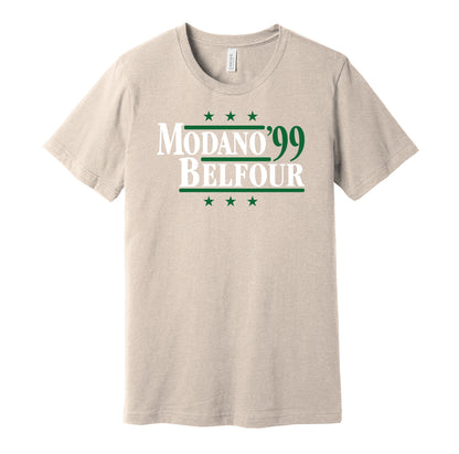 Dallas Stars retro political campaign parody beige t-shirt featuring Mike Modano and Ed Belfour '99, designed in a vintage election style by Hyper Than Hype Shirts.