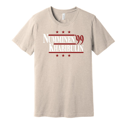 Phoenix Coyotes retro political campaign parody sand t-shirt featuring Teppo Numminen and Nikolai Khabibulin '99, designed in a vintage election style by Hyper Than Hype Shirts.
