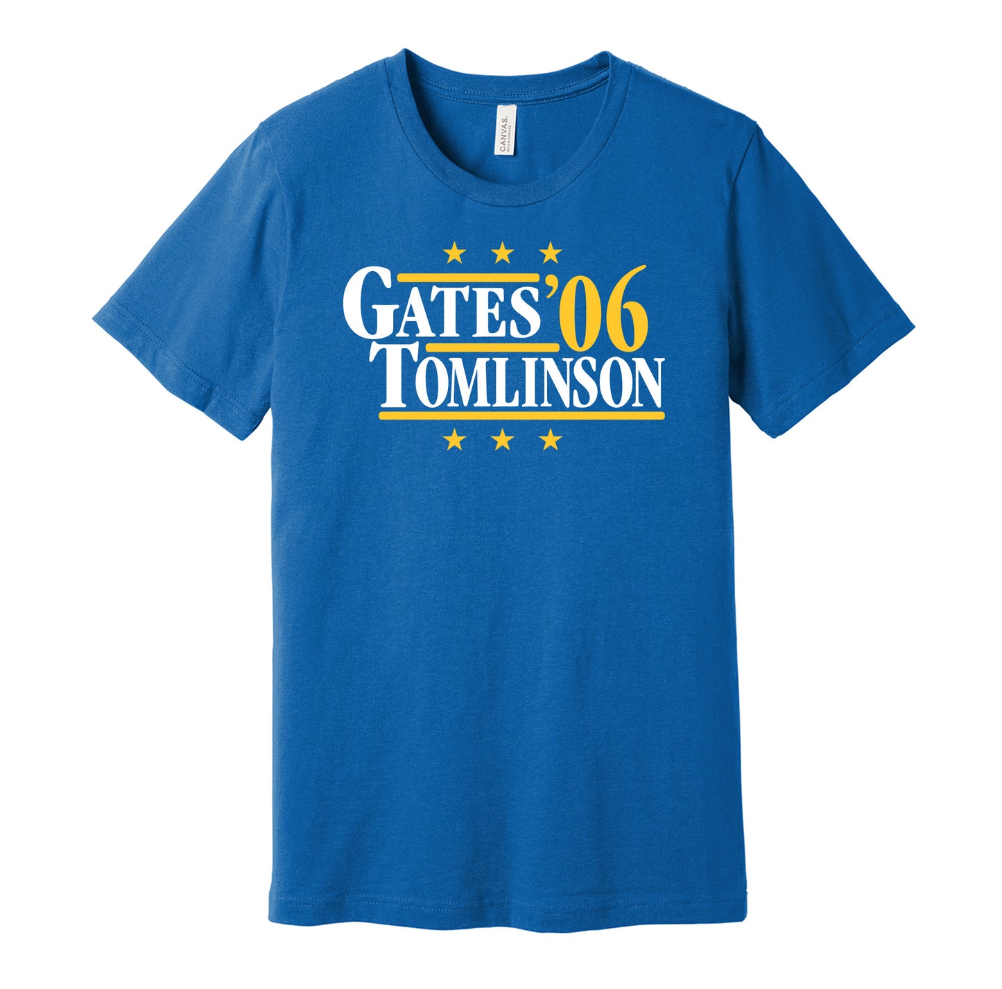 Los Angeles Chargers retro political campaign parody blue t-shirt featuring Antonio Gates and LaDainian Tomlinson '06, designed in a vintage election style by Hyper Than Hype Shirts.
