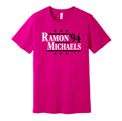 Professional wrestling retro political campaign parody pink t-shirt featuring Razor Ramon and Shawn Michaels '94, designed in a vintage election style by Hyper Than Hype Shirts.