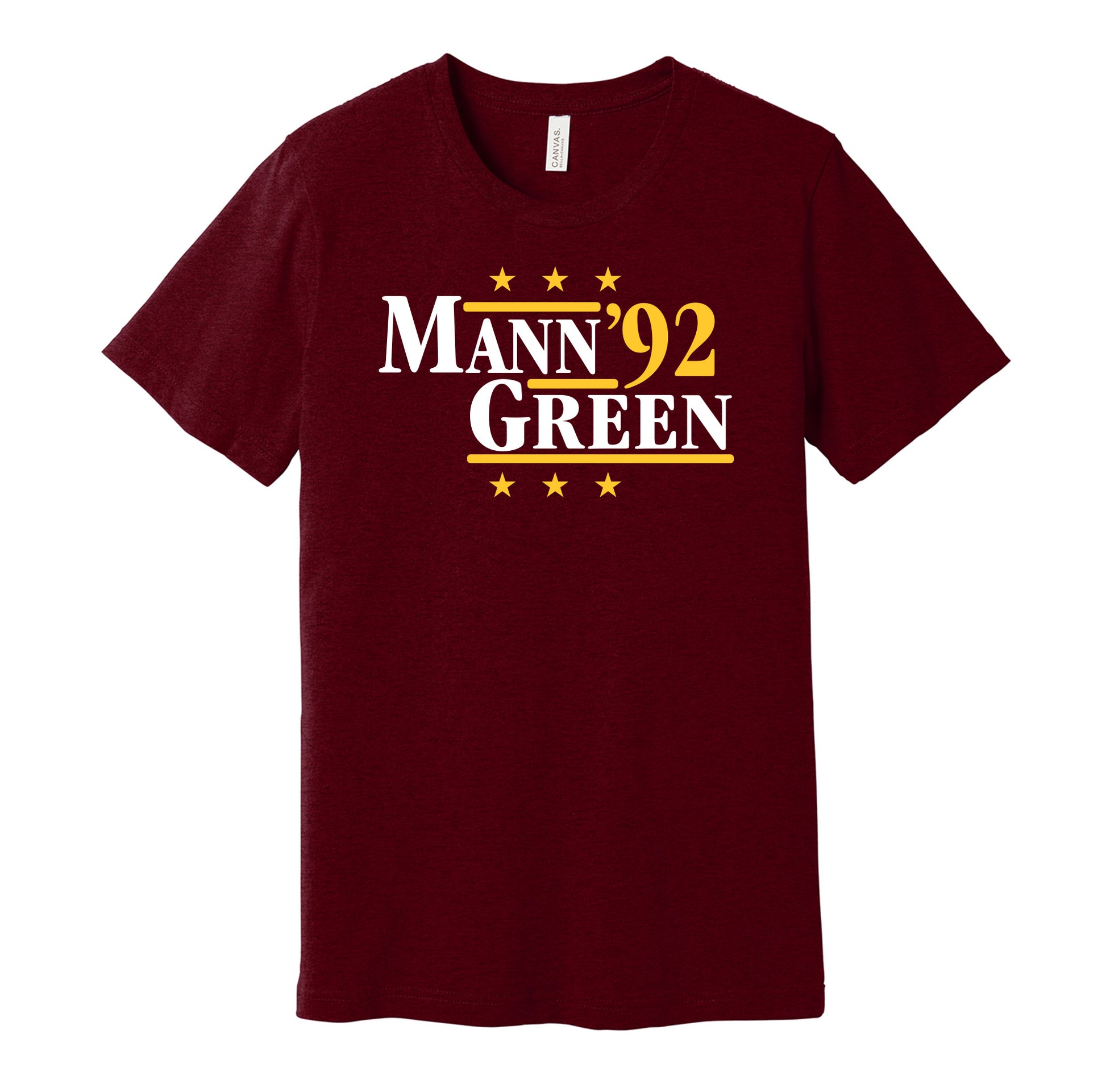 Washington Commanders retro political campaign parody burgundy t-shirt featuring Charles Mann and Darrell Green '92, designed in a vintage election style by Hyper Than Hype Shirts.