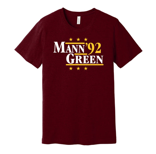 Washington Commanders retro political campaign parody burgundy t-shirt featuring Charles Mann and Darrell Green '92, designed in a vintage election style by Hyper Than Hype Shirts.