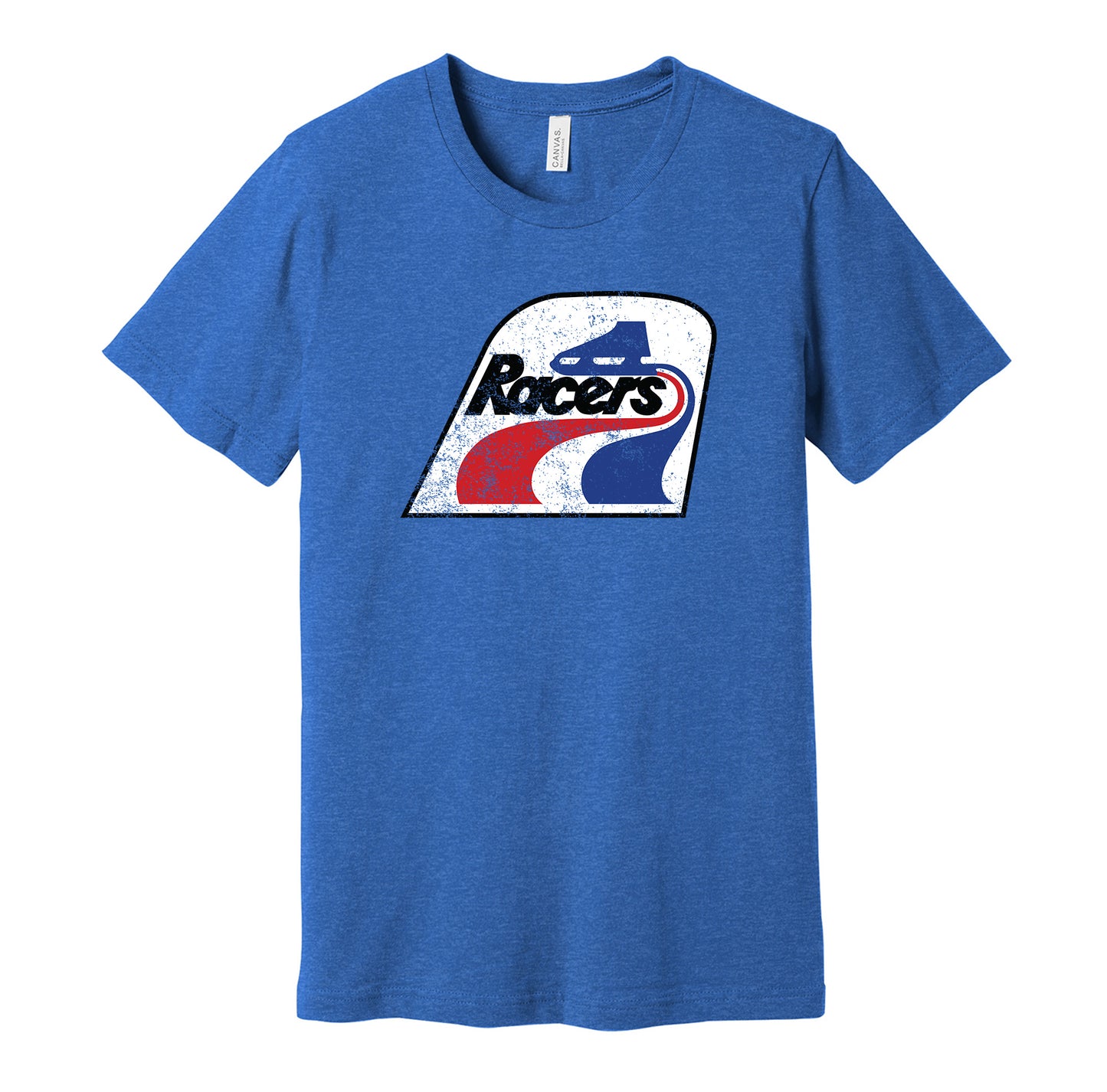 Indianapolis Racers vintage distressed logo blue t-shirt featuring the classic 1970s WHA hockey team logo in a retro worn style by Hyper Than Hype Shirts.