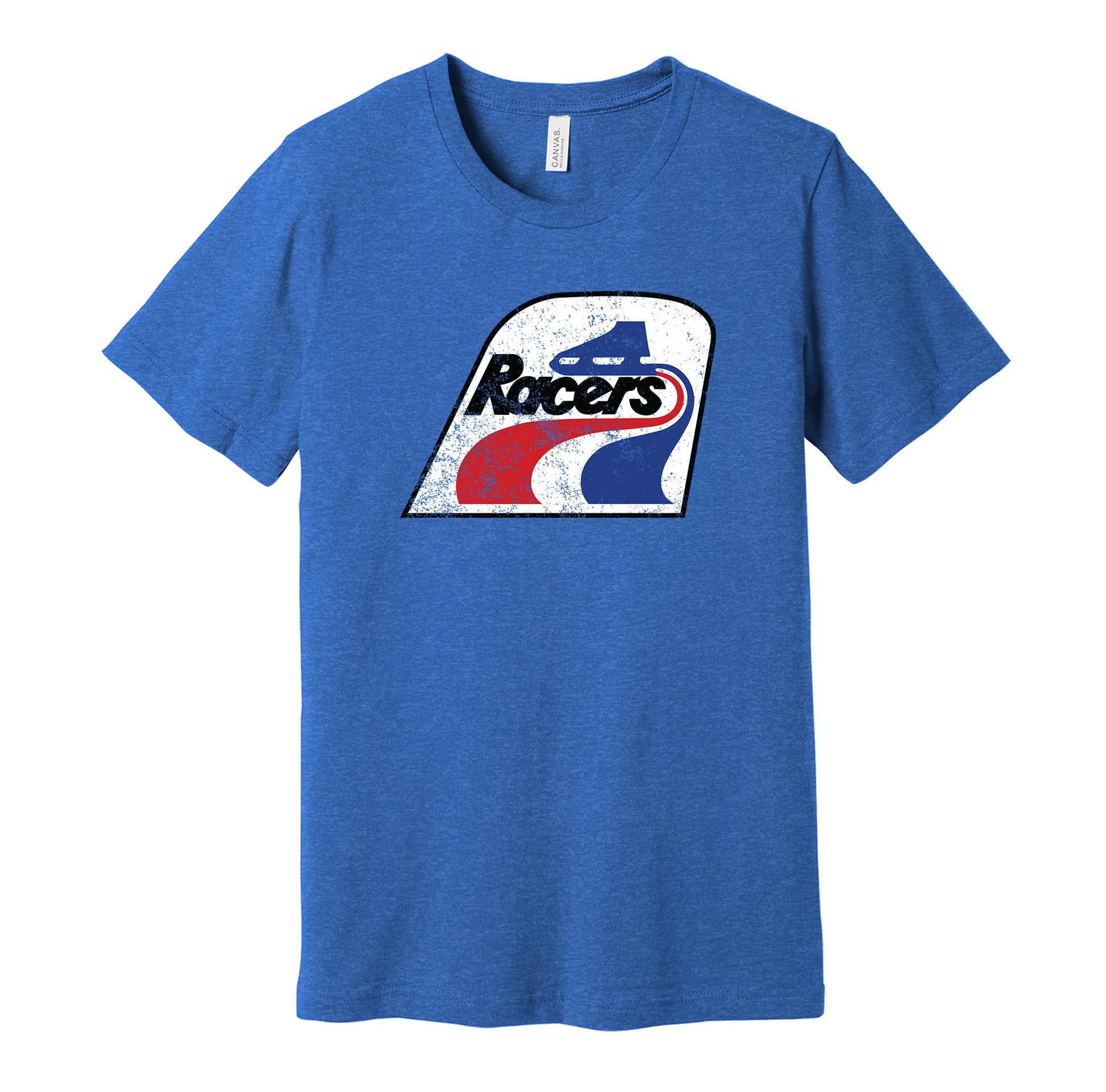 Indianapolis Racers vintage distressed logo blue t-shirt featuring the classic 1970s WHA hockey team logo in a retro worn style by Hyper Than Hype Shirts.