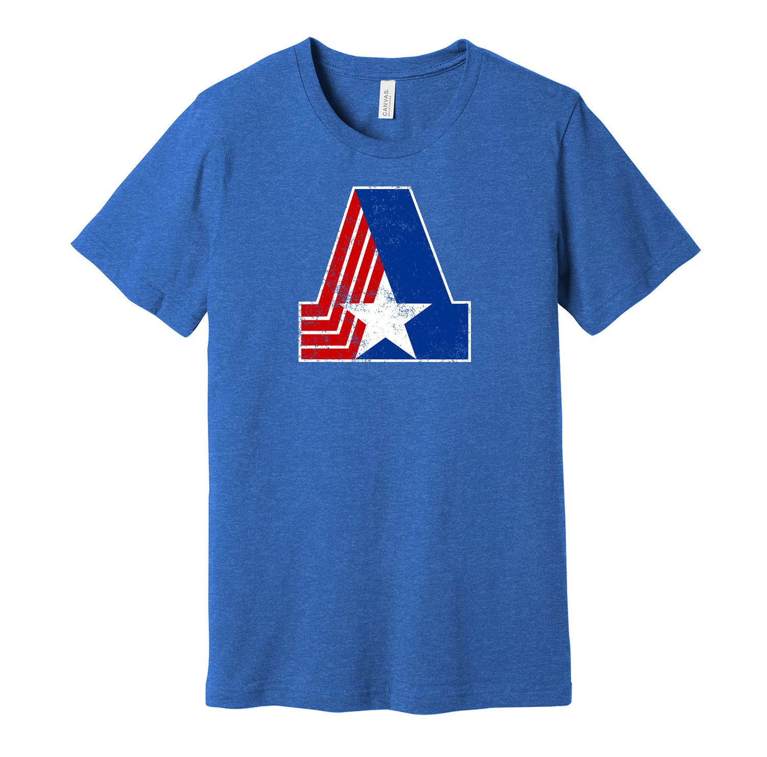 Birmingham Americans vintage distressed logo blue t-shirt featuring the classic 1970s WFL football team logo in a retro worn style by Hyper Than Hype Shirts.
